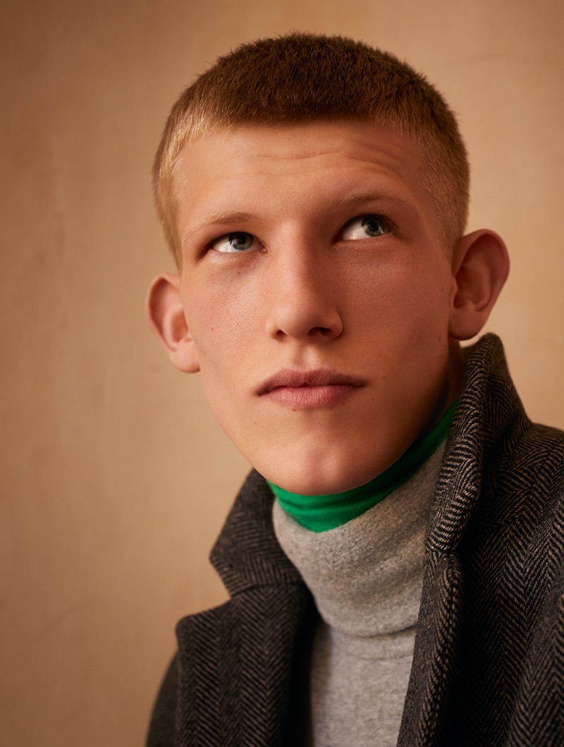 Connor Newall dons a coat with turtlenecks from American Vintage's fall-winter 2019 collection.