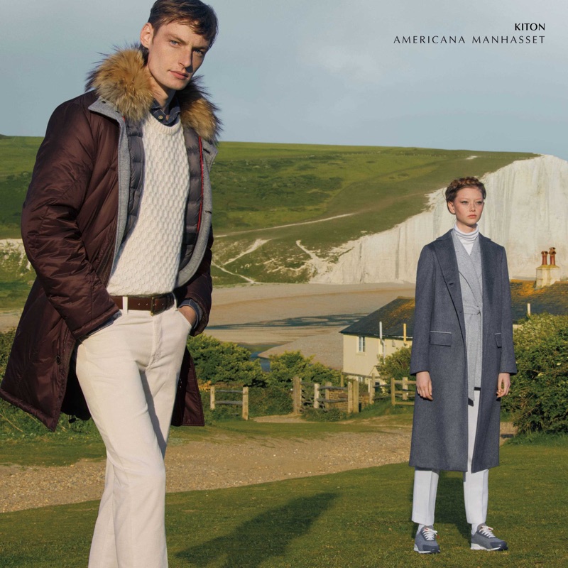 Models Roberto Sipos and Sara Grace Wallerstedt sport fall looks from Kiton.