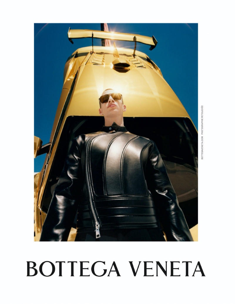 Rocking a leather jacket, Augusta Alexander stars in Bottega Veneta's fall-winter 2019 campaign.