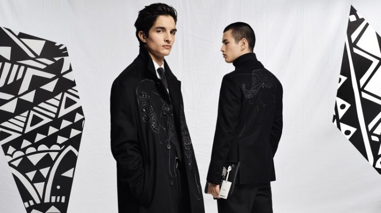 Models Pablo Fernandez and Kohei Takabatake wear outerwear from the BOSS x Meissen holiday 2019 capsule collection.