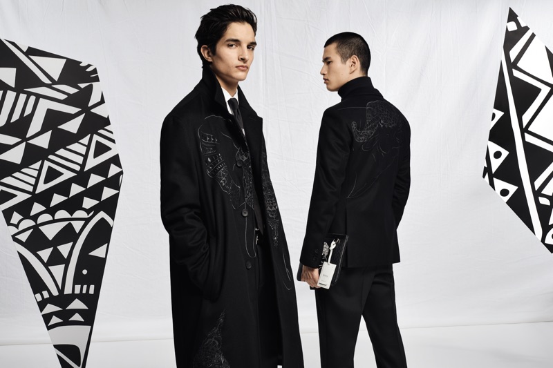 Models Pablo Fernandez and Kohei Takabatake  wear outerwear from the BOSS x Meissen holiday 2019 capsule collection. 