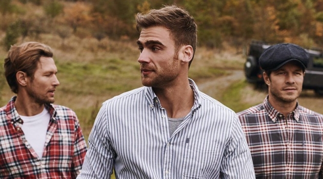 George, Paul & Robertas Venture Outdoors in Barbour Shirt Department Fall '19 Collection Robertas Aukstuolis, George Alsford, and Paul Sculfor wear tops from Barbour's fall 2019 Shirt Department collection.