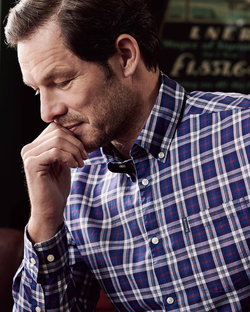 Paul Sculfor dons a checked top from Barbour's fall 2019 Shirt Department collection. 