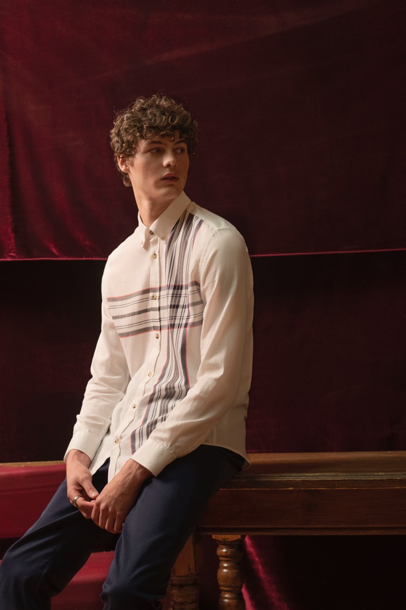 Sporting a patterned shirt, Darwin Gray stars in Ben Sherman's fall-winter 2019 campaign.