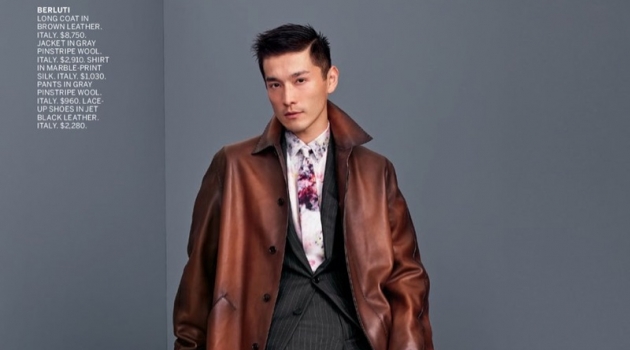 By Design: Daisuke Ueda Models Fall Tailoring for Goodman's Guide Daisuke Ueda dons a sleek brown leather coat with a grey pinstripe suit by Berluti.