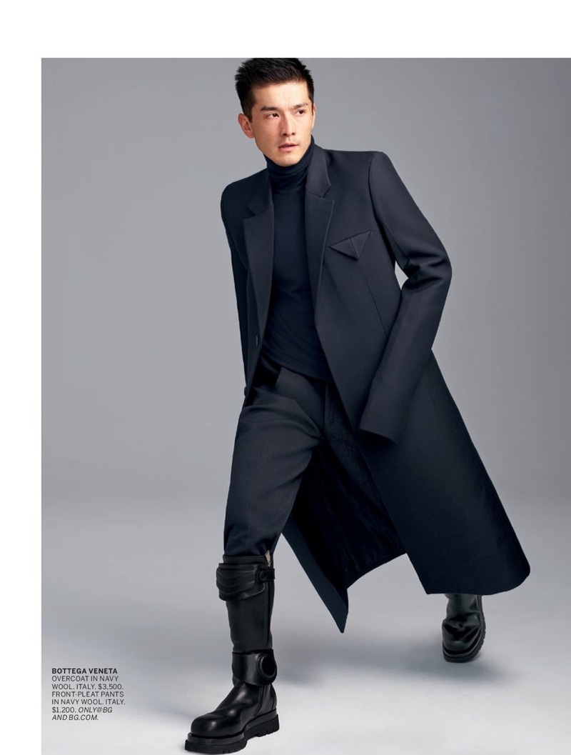 Embracing dark tailoring, Daisuke Ueda wears a look from Bottega Veneta.