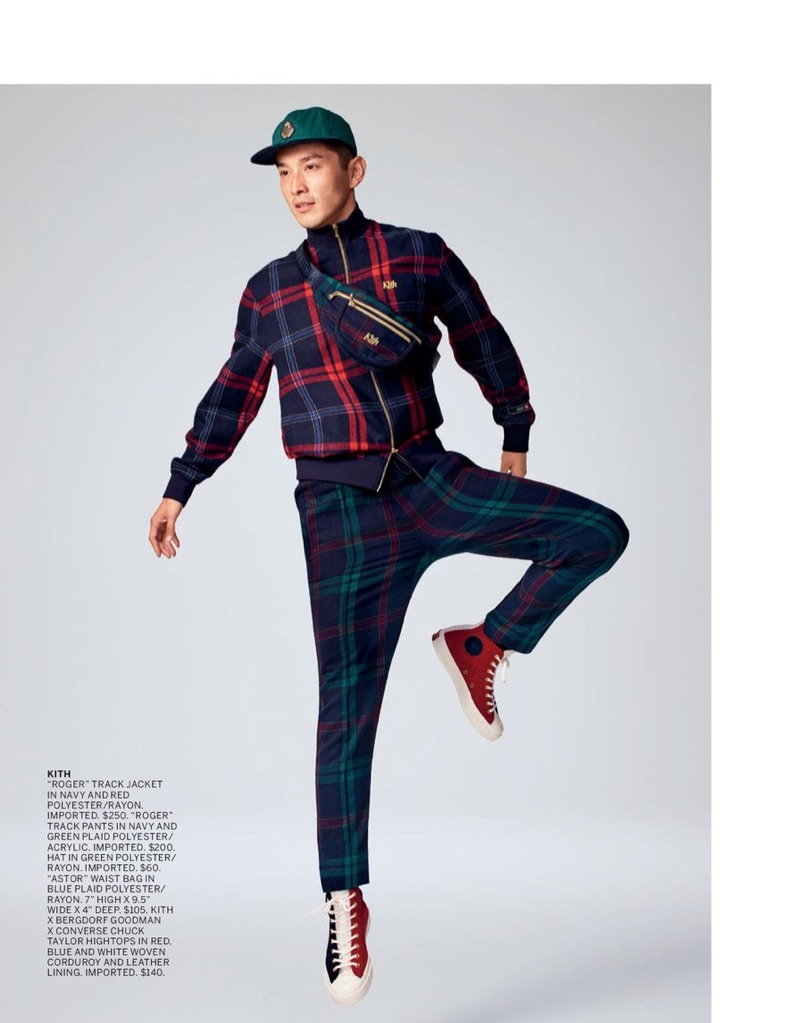 Clad in plaid, Daisuke Ueda models a plaid look from KITH.