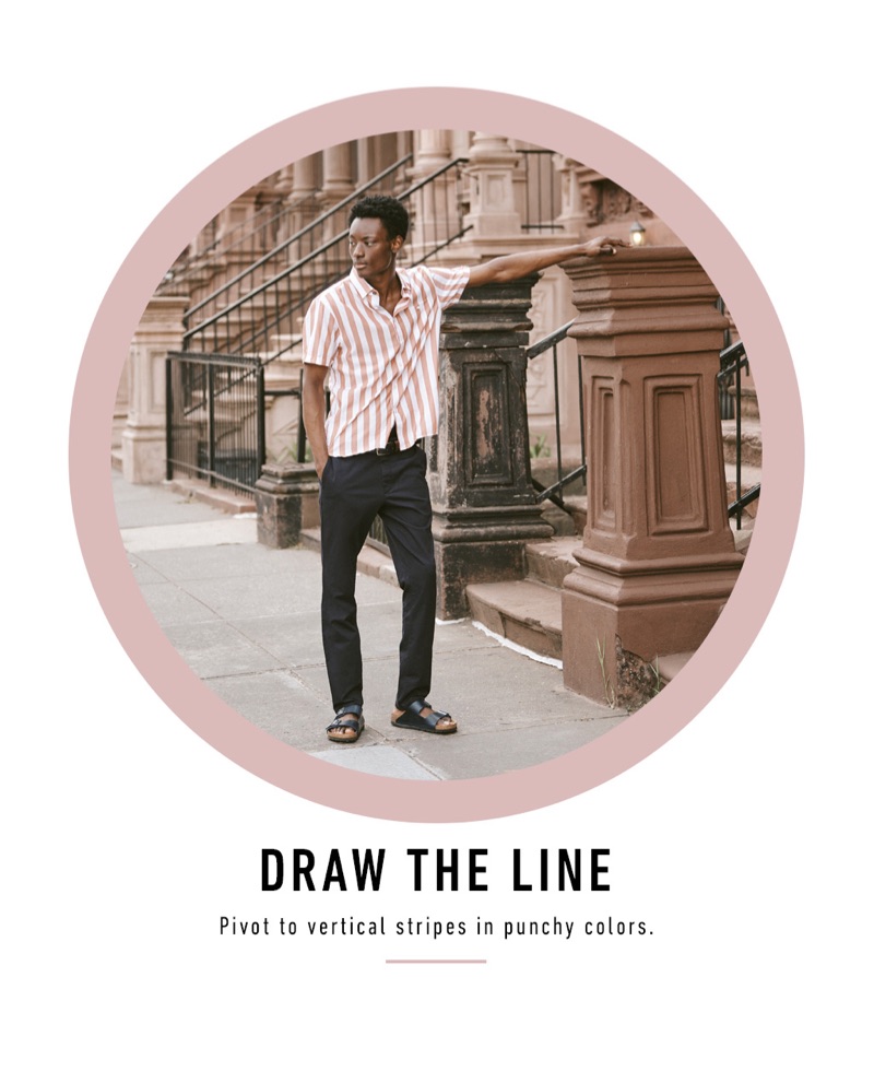 Taking to the streets of New York, Youssouf Bamba sports a Ted Baker striped shirt with Norse Projects pants and Birkenstock Arizona SFB sandals.