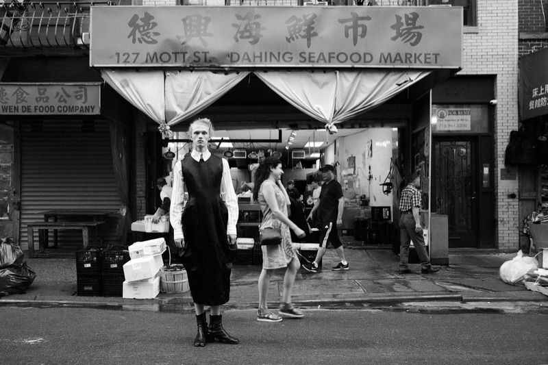 Finlay wears shirt Vivienne Westwood, dress Comme des Garçons, and boots Maison Margiela.