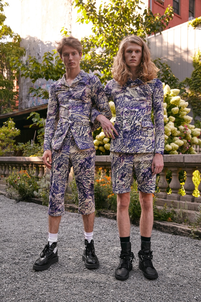 Left: Nathan wears suit Comme des Garçons Homme Plus and creepers Comme des Garçons x George Cox. Right: Finlay wears suit Comme des Garçons Homme Plus and sneakers Comme des Garçons x Nike.