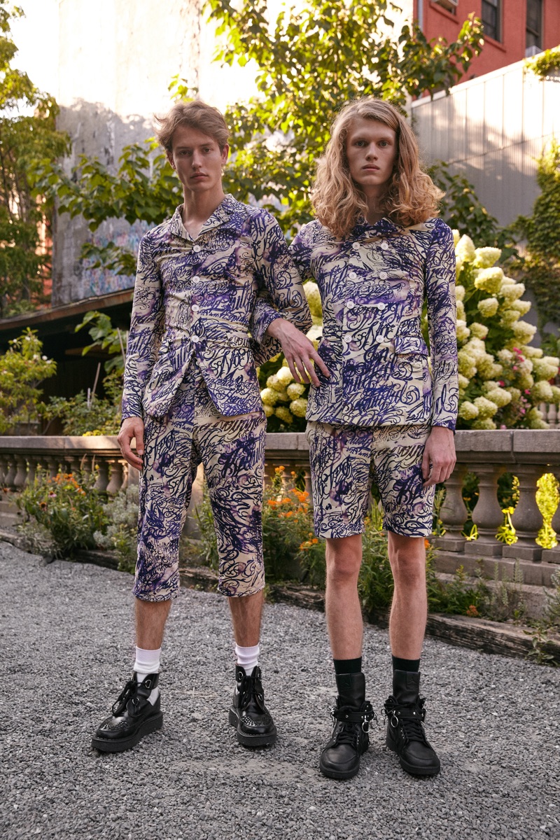 Left: Nathan wears suit Comme des Garçons Homme Plus and creepers Comme des Garçons x George Cox. Right: Finlay wears suit Comme des Garçons Homme Plus and sneakers Comme des Garçons x Nike.