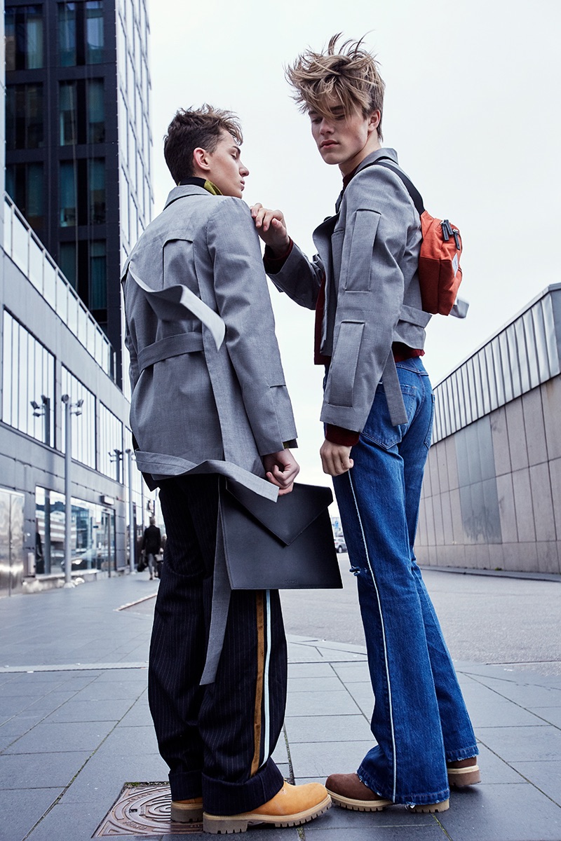 Right: Kasper wears blazer NAND, shirt Remake, pants PRLE, belt bag Sandqvist, and shoes Timberland.