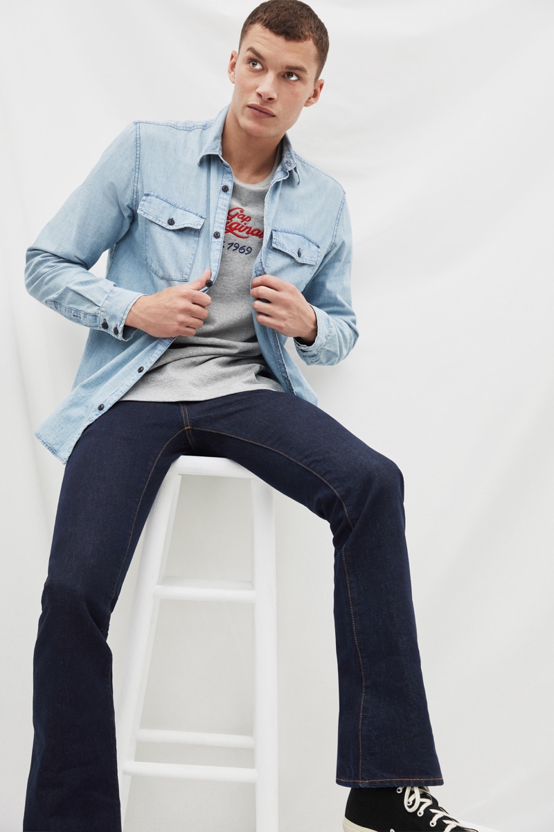 Louis Mayhew wears Gap's '70s pioneer denim shirt $79.95 and boot cut jeans $69.95.