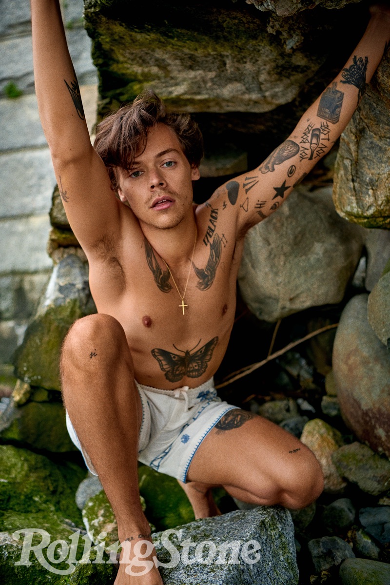 Ryan McGinley photographs a shirtless Harry Styles for Rolling Stone magazine.