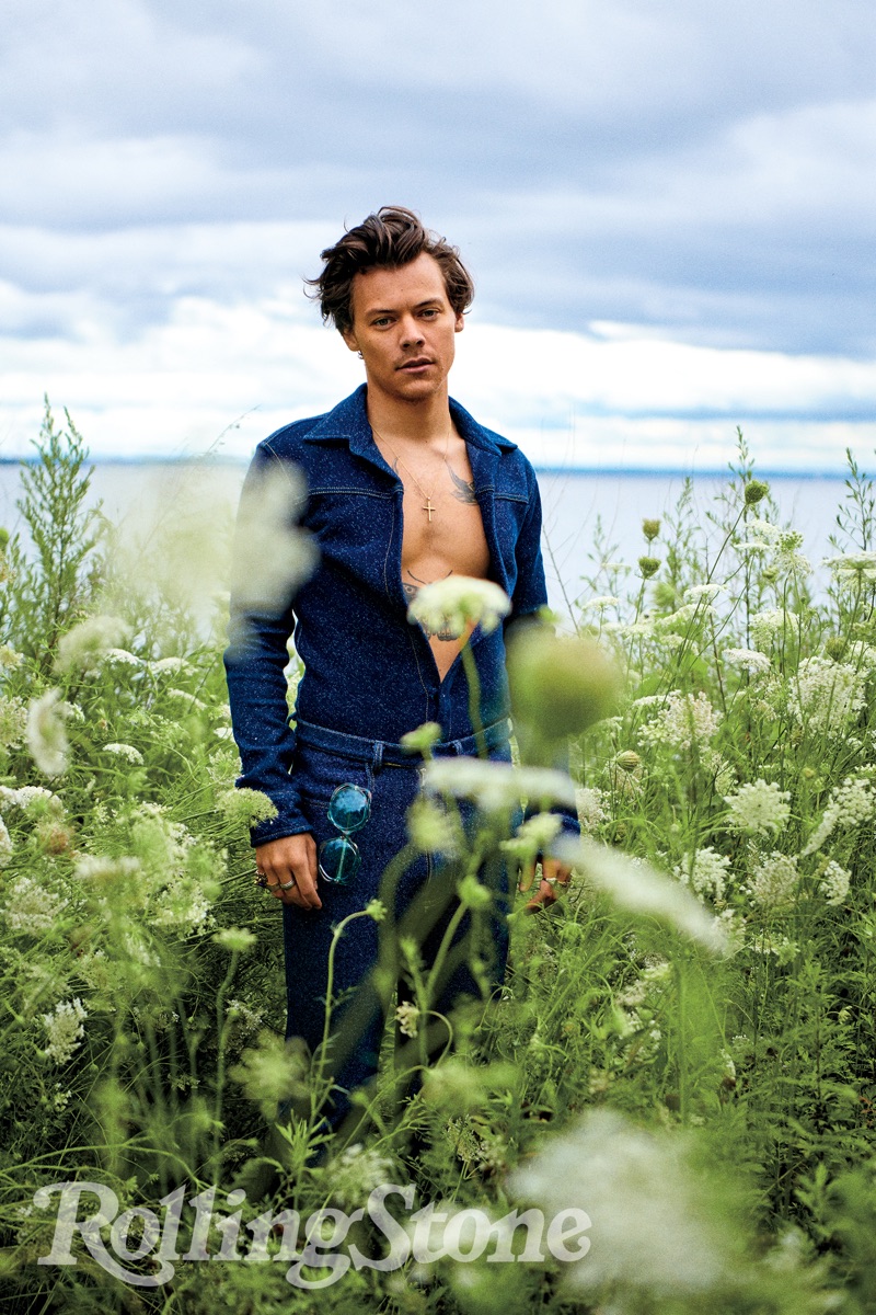 Harry Styles dons a boiler suit by Alled-Martínez for Rolling Stone.