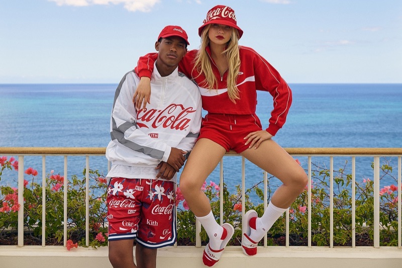 Models Timothy Lewis and Josie Canseco sport looks from the KITH x Coca-Cola capsule collection.