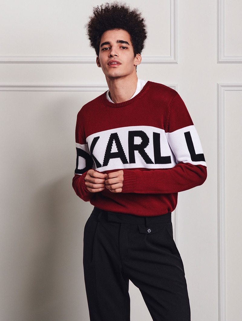 Front and center, Luis Borges wears a Karl Lagerfeld logo knit.