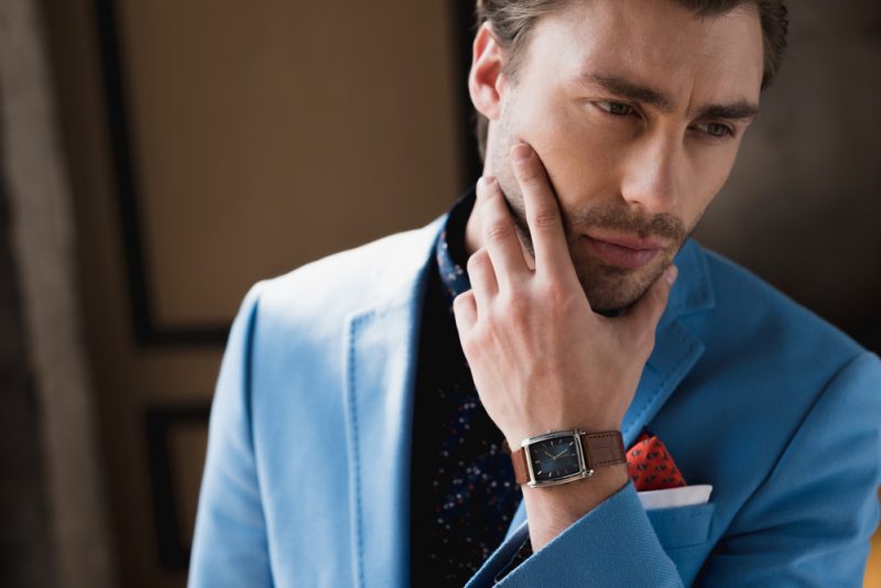 Man Blue Suit Wearing Watch