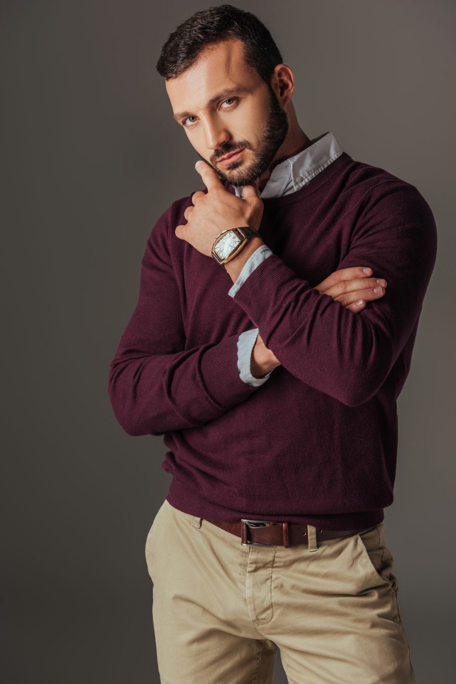 Man Burgundy Sweater Wearing Watch