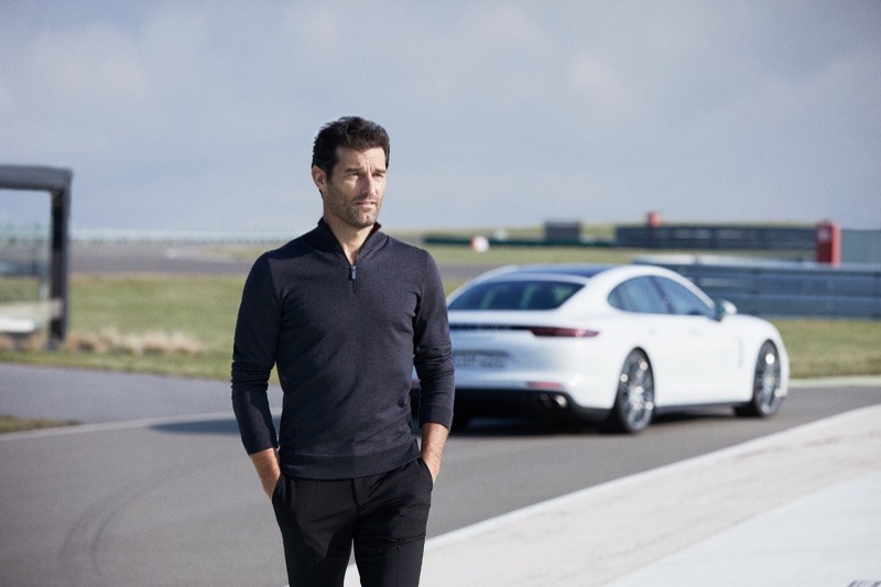 A smart vision in a polo, Mark Webber appears in the BOSS x Porsche fall-winter 2019 campaign.