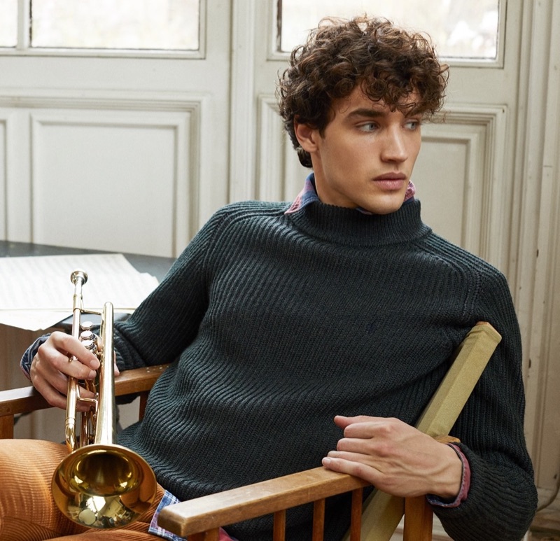 Federico Novello sports a ribbed sweater and plaid shirt for Morris Stockholm's fall-winter 2019 campaign.