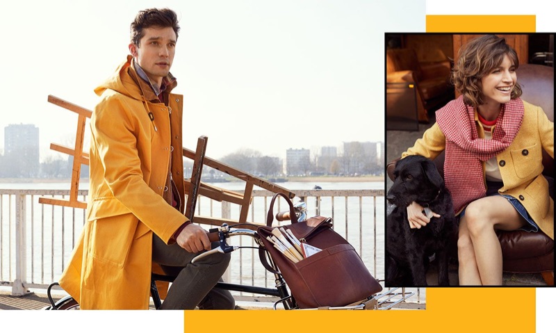 Embracing a pop of color, Alexis Petit rocks a yellow coat for Morris Stockholm's fall-winter 2019 campaign.