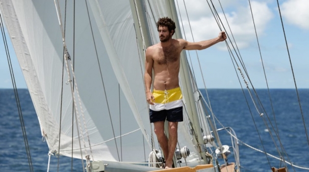 The Great Escape: Justice & Mitchell for Nautica Fall '19 Campaign Justice Joslin wears color block swim shorts for Nautica's fall 2019 campaign.