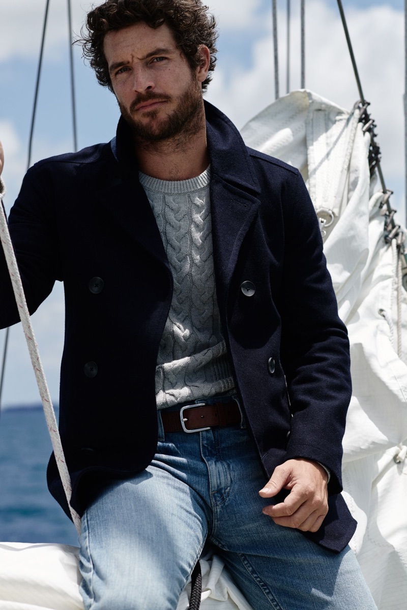 Embracing classic style, Justice Joslin dons a peacoat and cable-knit sweater for Nautica's fall 2019 campaign.