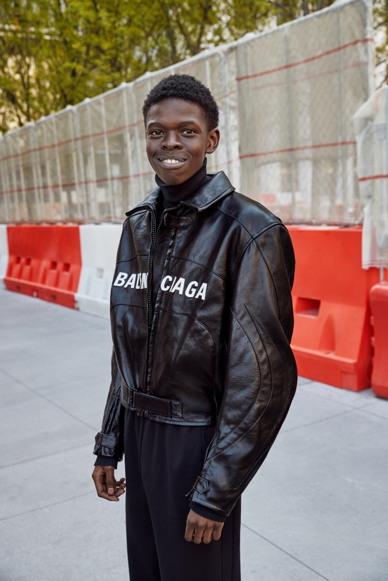 All smiles, Malle Gueye wears Balenciaga for Nordstrom's fall 2019 campaign.