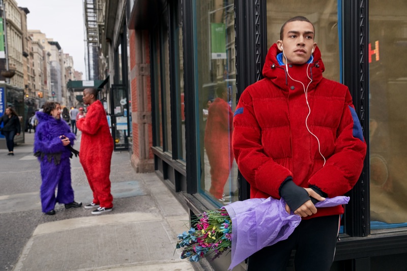 Standing out in a red puffer jacket, Myles Gable fronts Nordstrom's fall 2019 campaign.