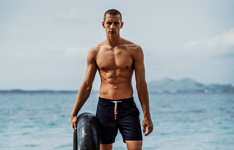 Augusta Alexander sports swim shorts from Orlebar Brown's fall-winter 2019 collection.