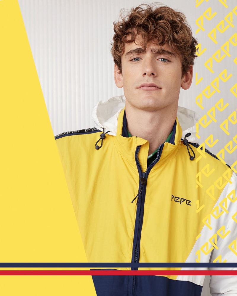 Pepe Jeans taps Tom Webb to showcase a yellow windbreaker from its Pepe collection.