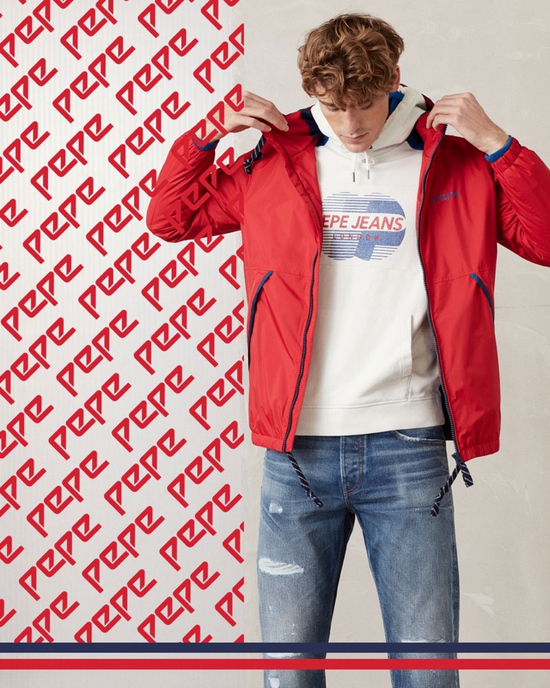 British model Tom Webb goes sporty in a look from Pepe Jeans' Pepe collection.