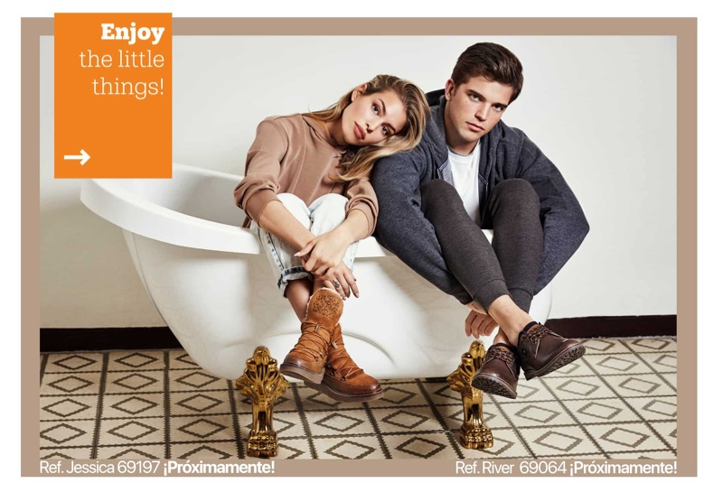 Posing in a bathtub, Jessica Goicoechea and River Viiperi star in Refresh Shoes' fall-winter 2019 campaign.