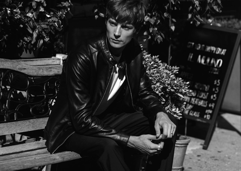 Model Janis Ancens sports a leather moto jacket from Reiss.