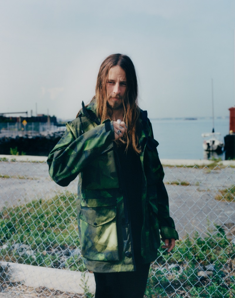 Front and center, Riley Hawk rocks a graphic parka from Rag & Bone.