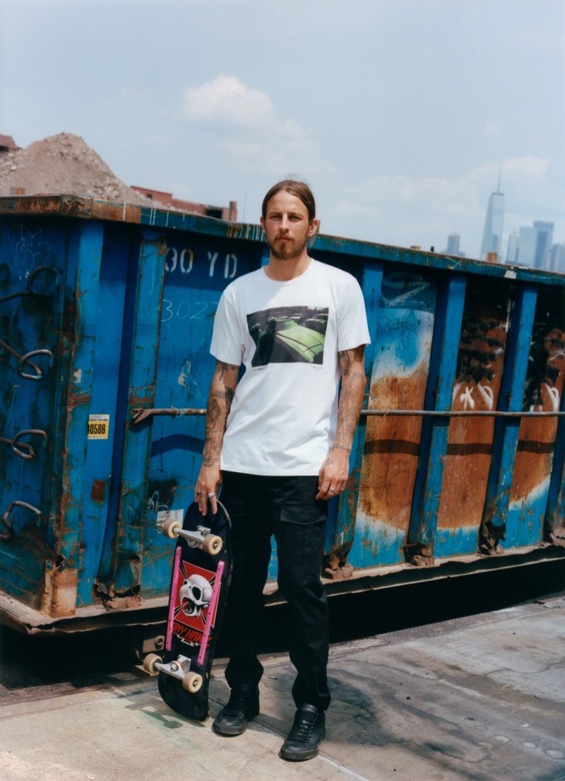 Skateboarder Riley Hawk dons a vintage car tee $150 by Rag & Bone.