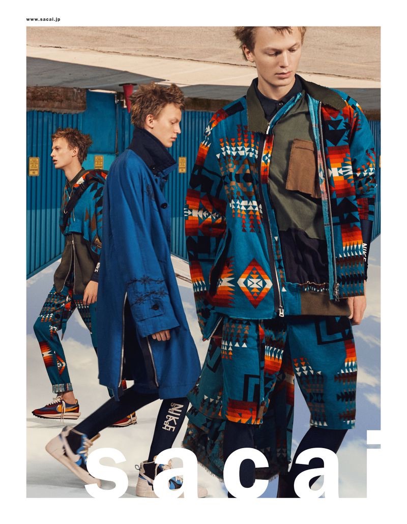 Embracing an all-over print, Jonas Glöer fronts Sacai's spring-summer 2019 men's campaign.