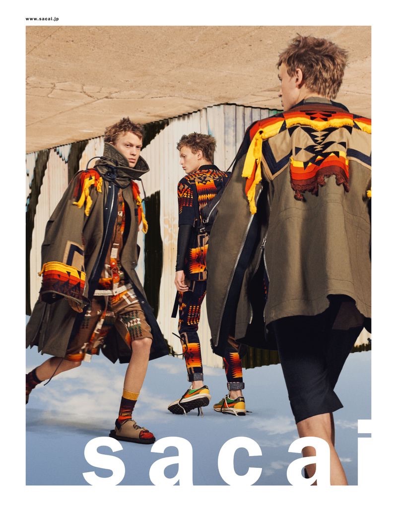 A style standout, Embracing an all-over print, Jonas Glöer stars in Sacai's spring-summer 2019 men's campaign.