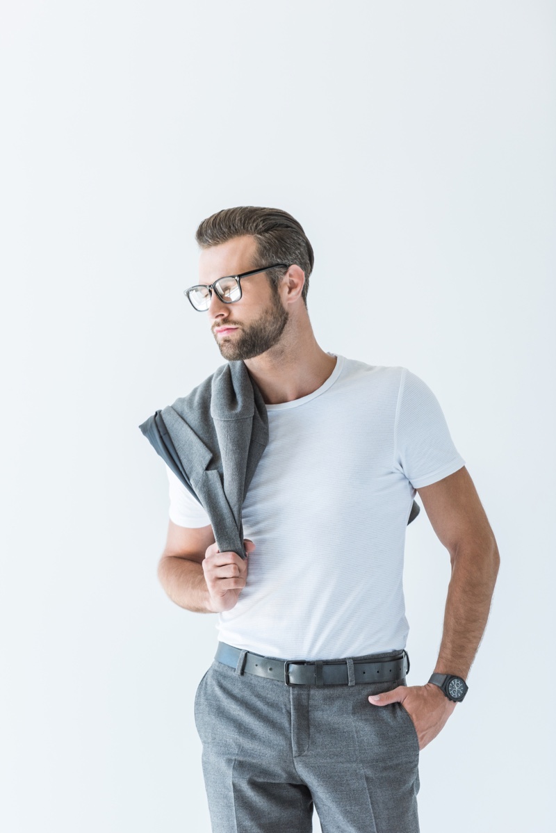 Stylish Man Grey Suit Tucked Shirt