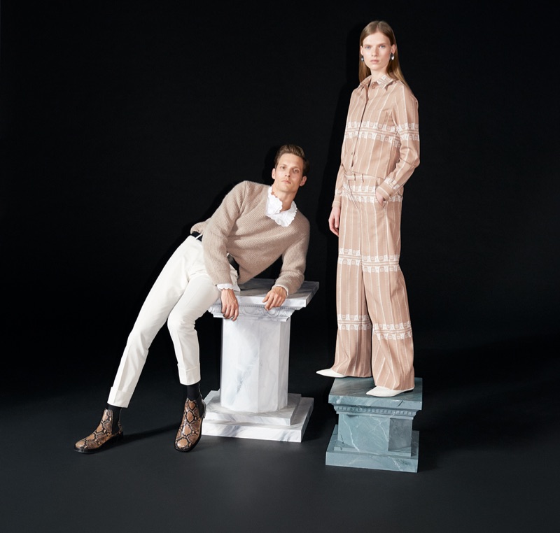 Models Felix Gesnouin and Sara Eirud appear in Tiger of Sweden's fall-winter 2019 campaign.