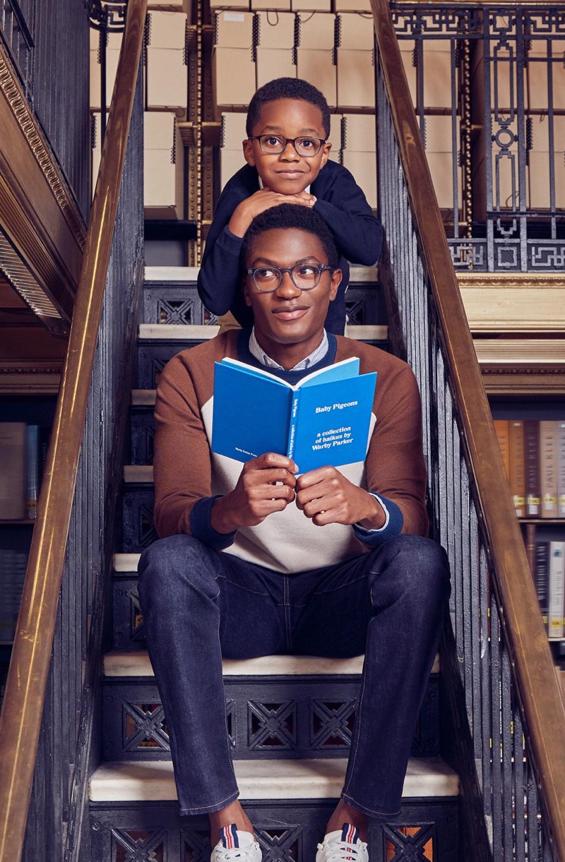 Model Hamid Onifade wears Warby Parker's Felix glasses in Pacific Crystal. 