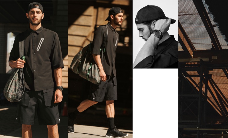 René Grincourt wears a sporty black look with tactical shorts by Zara.