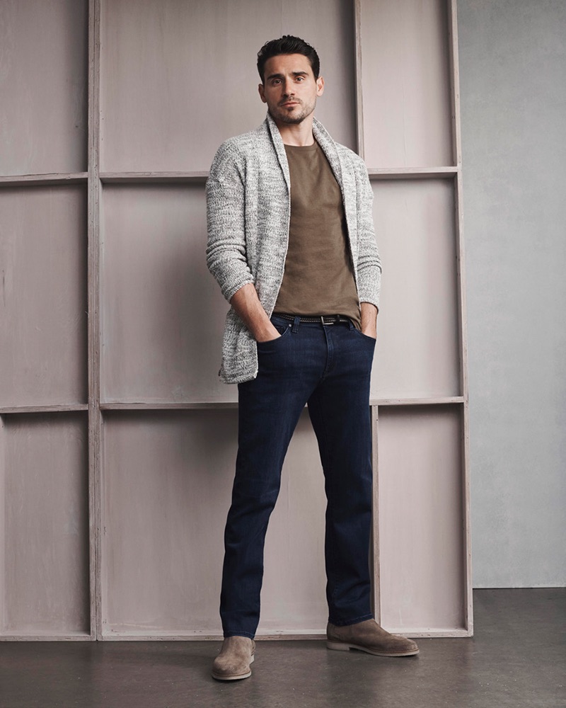 Arthur Kulkov wears 34 Heritage's Courage mid-rise, straight leg deep brushed jeans.