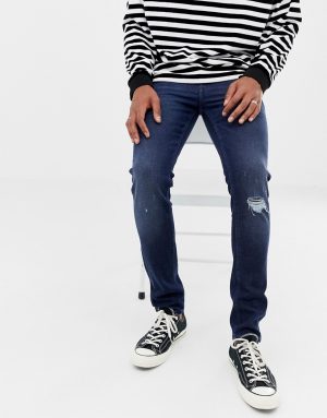 ASOS DESIGN 14oz skinny heavy weight jeans in dark wash with knee rips - Blue ASOS DESIGN 14oz skinny heavy weight jeans in dark wash with knee rips - Blue