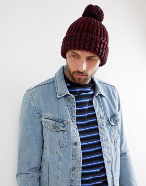 ASOS DESIGN bobble beanie in burgundy & black twist - Red ASOS DESIGN bobble beanie in burgundy & black twist - Red