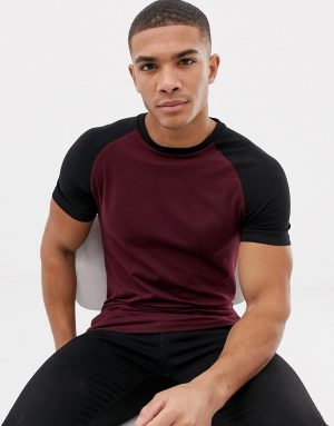 ASOS DESIGN muscle fit raglan t-shirt with crew neck in burgundy - Red ASOS DESIGN muscle fit raglan t-shirt with crew neck in burgundy - Red