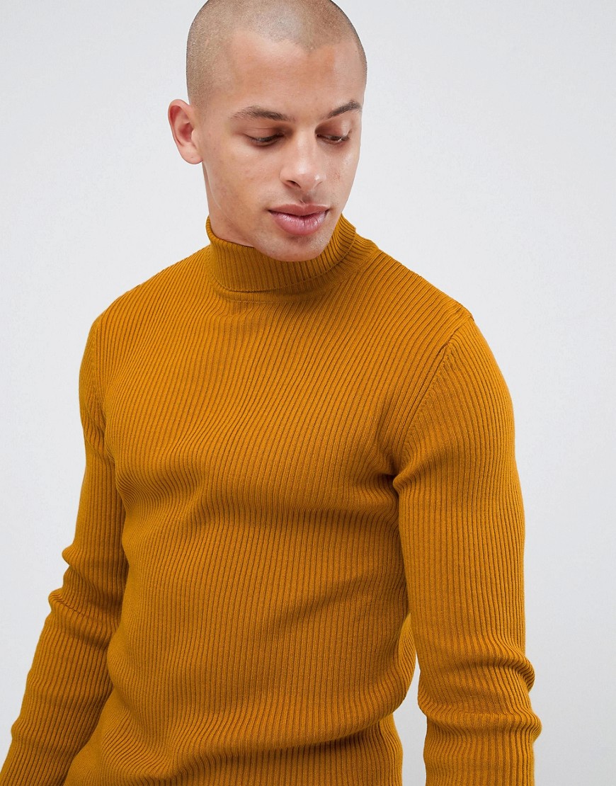 ASOS DESIGN muscle fit ribbed roll neck sweater in mustard Yellow