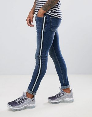 ASOS DESIGN super skinny jeans in dark wash blue with side stripe - Blue ASOS DESIGN super skinny jeans in dark wash blue with side stripe - Blue