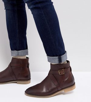 ASOS Wide Fit Chelsea Boots In Brown Leather With Strap Detail And Natural Sole - Brown ASOS Wide Fit Chelsea Boots In Brown Leather With Strap Detail And Natural Sole - Brown